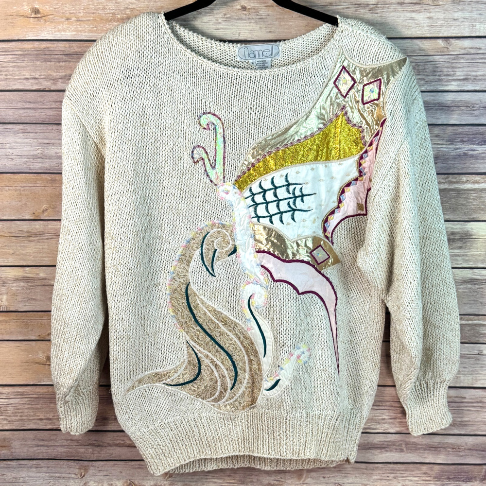Vintage Nannell Cream Colorful Butterfly Embroidered Knit Sweater S